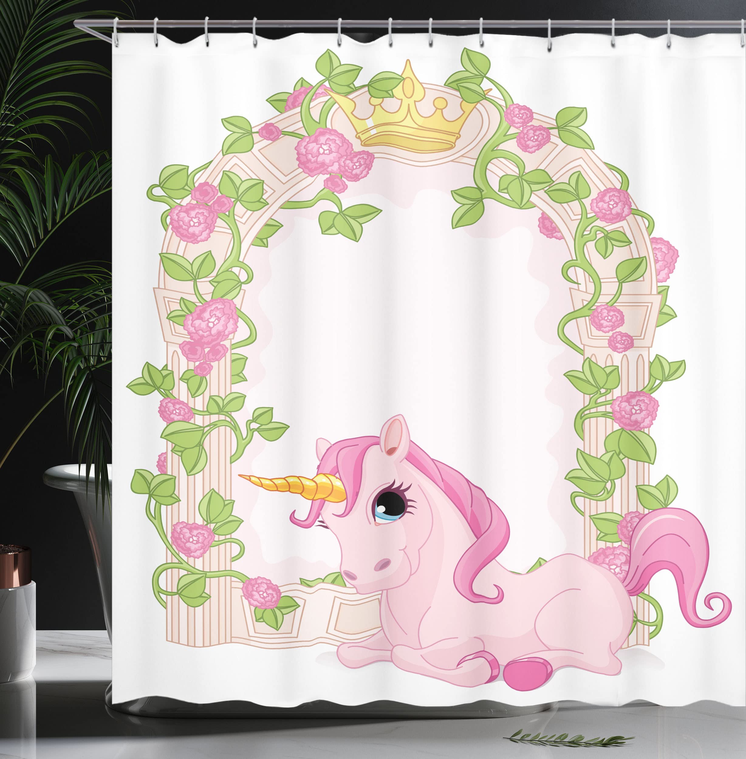 Ambesonne Feminine Shower Curtain, Romantic Floral Arch Frame With Roses Leaves Unicorn Magic Illustration, Cloth Fabric Bathroo